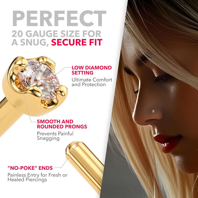 Body Candy 14K Solid Gold Nose Ring Studs - 1.5mm (0.015 cttw) Genuine Diamond L Shaped 20 Gauge 1/4" Real Gold Nose Ring Piercing Jewelry - 14 K Gold Nose Stud, Nose Piercings, Gold Nose Studs for Women, Men - Image 3