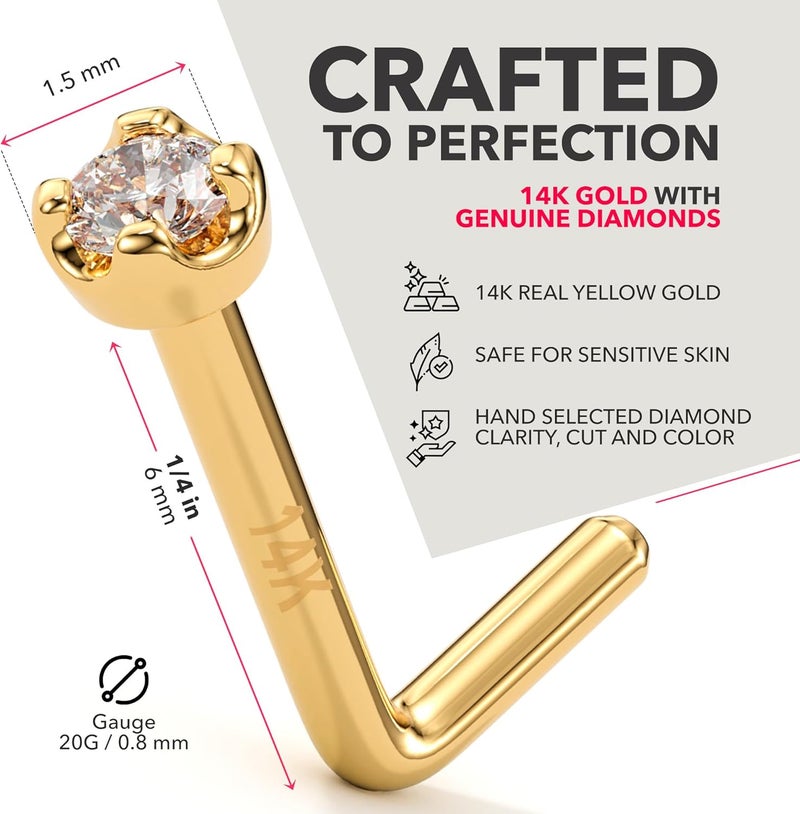 Body Candy 14K Solid Gold Nose Ring Studs - 1.5mm (0.015 cttw) Genuine Diamond L Shaped 20 Gauge 1/4" Real Gold Nose Ring Piercing Jewelry - 14 K Gold Nose Stud, Nose Piercings, Gold Nose Studs for Women, Men - Image 2