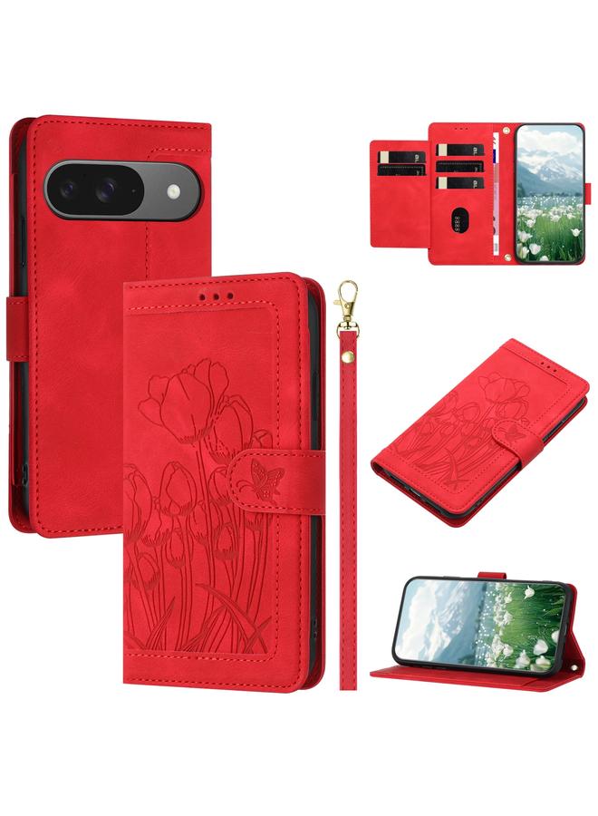 The Bros Phone Case For Google Pixel 9 / 9 Pro Tulips Embossed Leather Phone Phone Case with Lanyard - Image 1