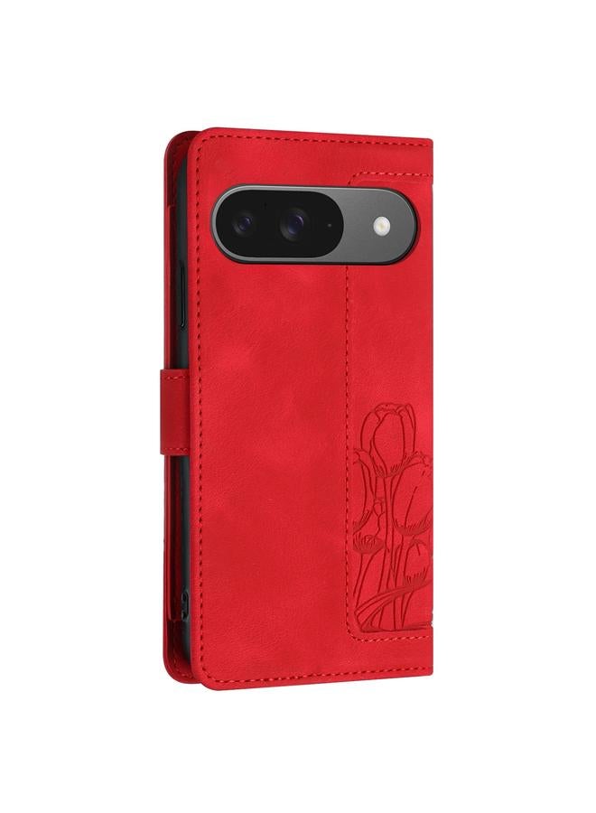 The Bros Phone Case For Google Pixel 9 / 9 Pro Tulips Embossed Leather Phone Phone Case with Lanyard - Image 3