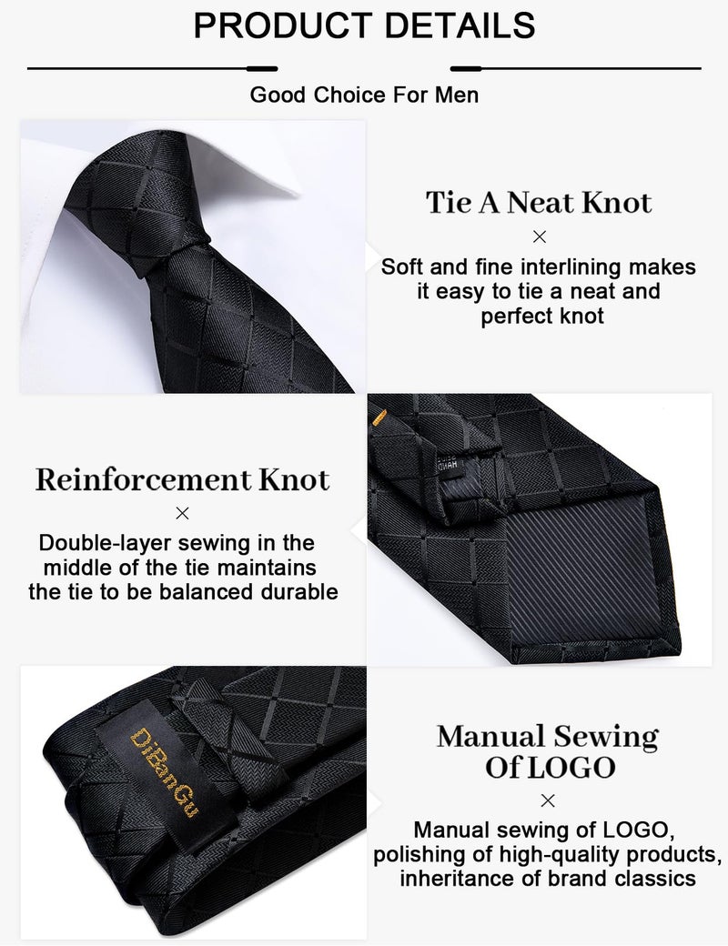 DiBanGu Plaid Ties for Men Silk Checkered Necktie and Pocket Square Cufflinks Tie Clip Set with Gift Box for Wedding Business, Black - Image 5