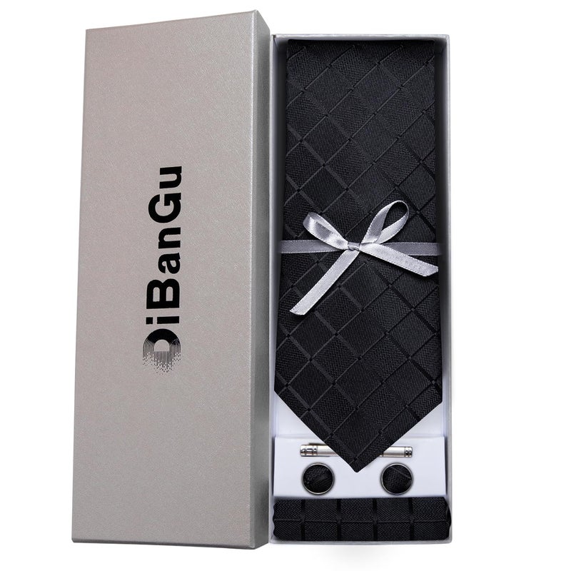 DiBanGu Plaid Ties for Men Silk Checkered Necktie and Pocket Square Cufflinks Tie Clip Set with Gift Box for Wedding Business, Black - Image 4