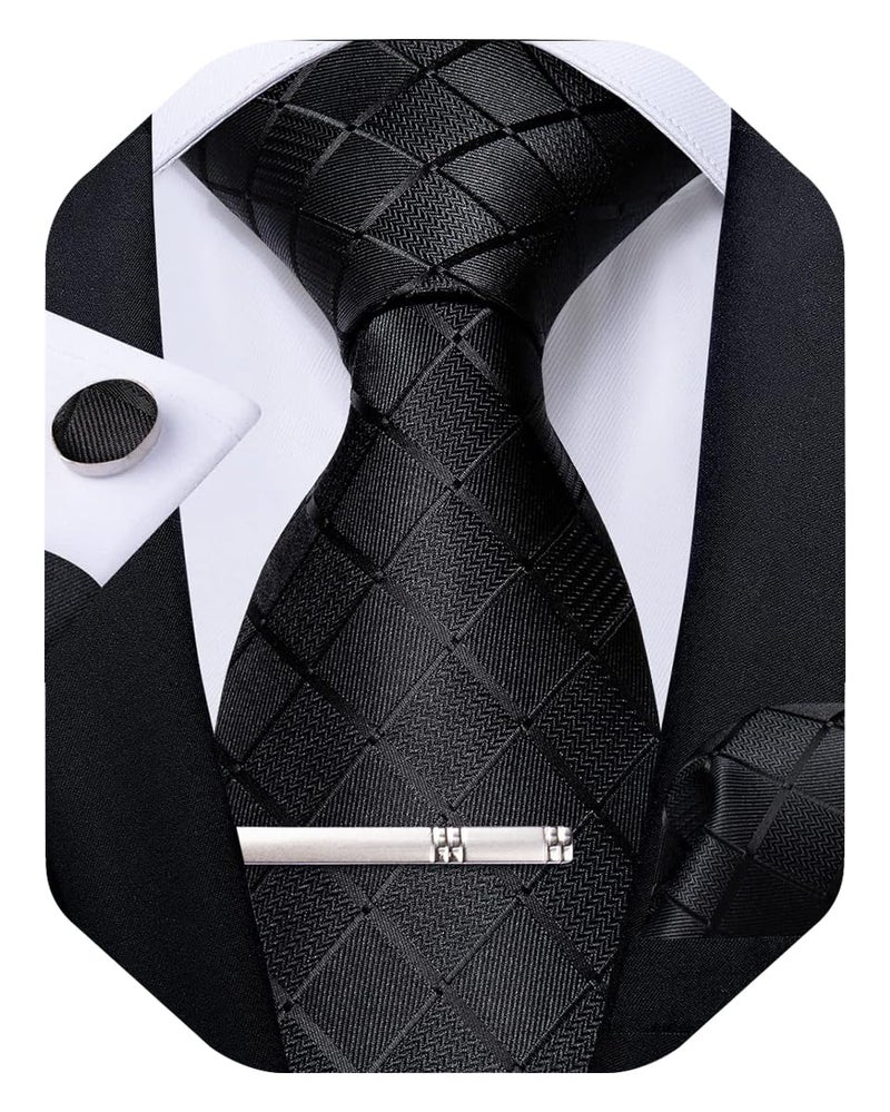 DiBanGu Plaid Ties for Men Silk Checkered Necktie and Pocket Square Cufflinks Tie Clip Set with Gift Box for Wedding Business, Black - Image 1
