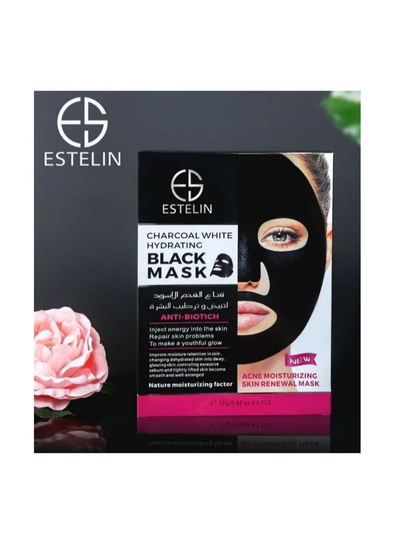 ESTELIN - Charcoal White Hydrating Black Mask 25g x 5 Pieces - Image 1