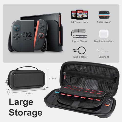 CoBak Large Capacity Carrying Case for Nintendo Switch 2 (2025) - 3 in 1 Accessories Bundle with 2 Screen Protectors, Thumb Grip Caps, 24 Game Cartridges, Hard Shell Portable Travel Pouch, Black - Image 2