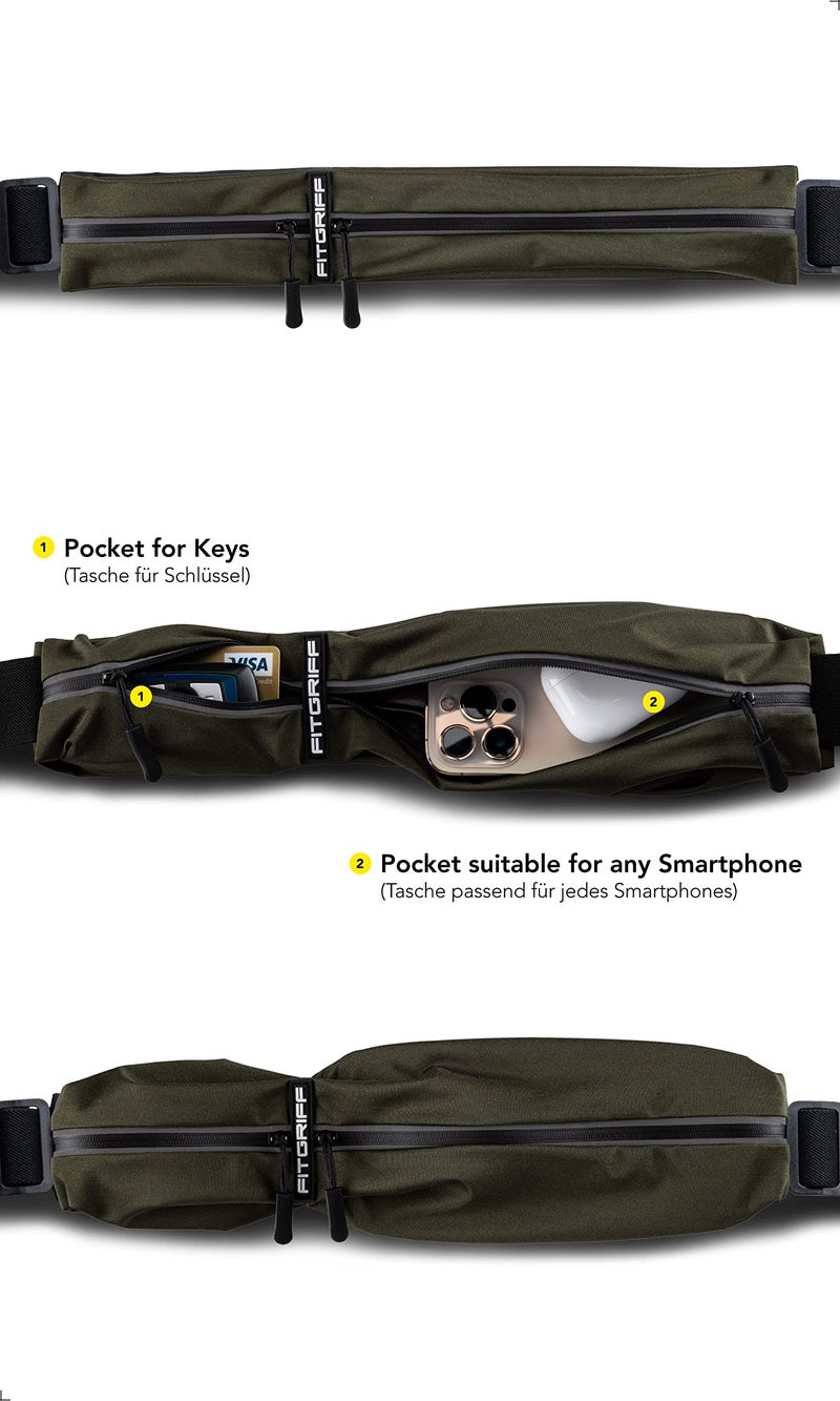 FitgriffÂ® Running Belt for Men & Women - Secure Jogging Pouch for Phone, Keys & Essentials - For All Cell Phones (Army Green, 24.5" - 35.5" Waist Size) - Image 2