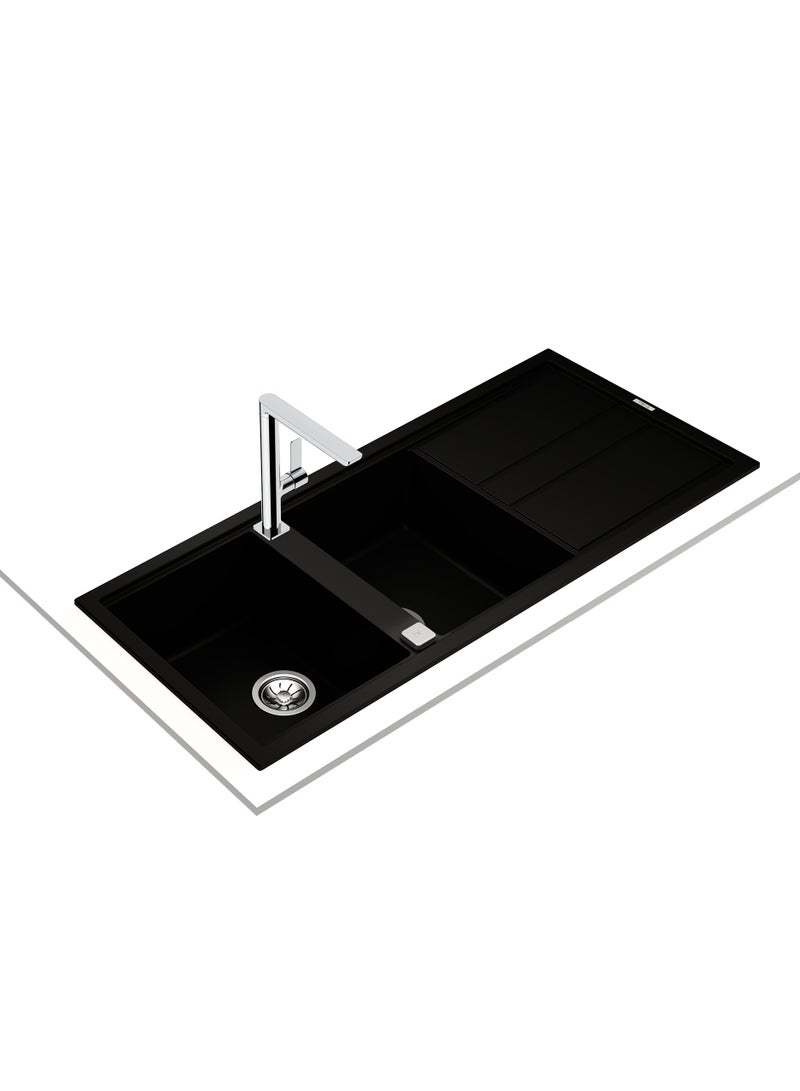 TEKA Nova Series Tegranite+ Kitchen Sink with Two Bowls and One Drainer, Inset Installation, 3½” Automatic Waste Basket with Siphon, HelixPro Waste Basket, 200 mm Deep Bowls Nova 80 B-TG 2B 1D Black - Image 2