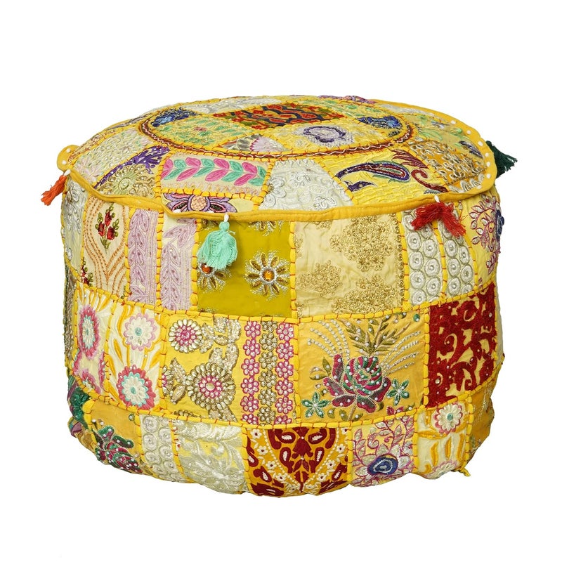 iinfinize iinfinize Garden Footrest Embroidered Khambadiya Ottoman Cotton Handmade Bean Bag Cover Round Patchwork Vintage Pouf Floor Chair Stool Decor Pouf Cover 12x12x12 Inch  - Image 3