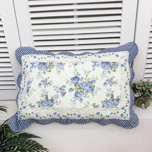 vctops 2Piece Boho Cotton Quilted Bed Pillow Shams Floral Printed Patchwork Pillow Shams Set Standard Size 510 Blue 20x28 - Image 3