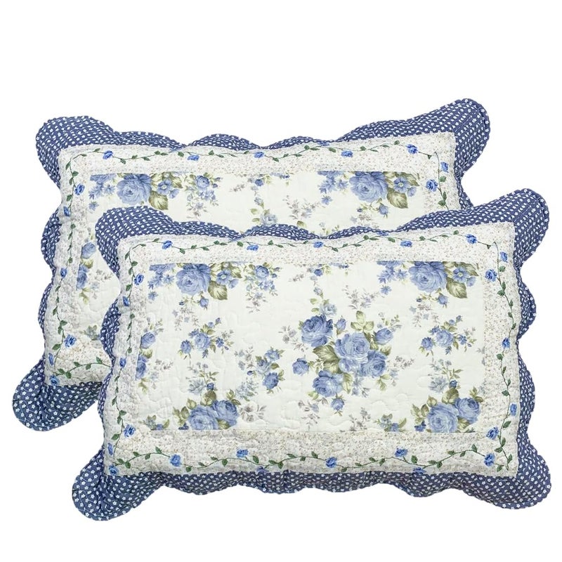vctops 2Piece Boho Cotton Quilted Bed Pillow Shams Floral Printed Patchwork Pillow Shams Set Standard Size 510 Blue 20x28 - Image 2