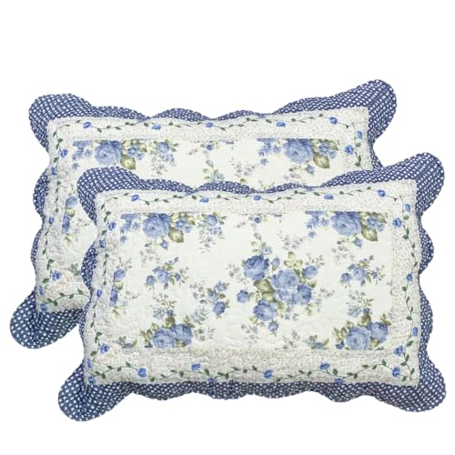 vctops 2Piece Boho Cotton Quilted Bed Pillow Shams Floral Printed Patchwork Pillow Shams Set Standard Size 510 Blue 20x28 - Image 1