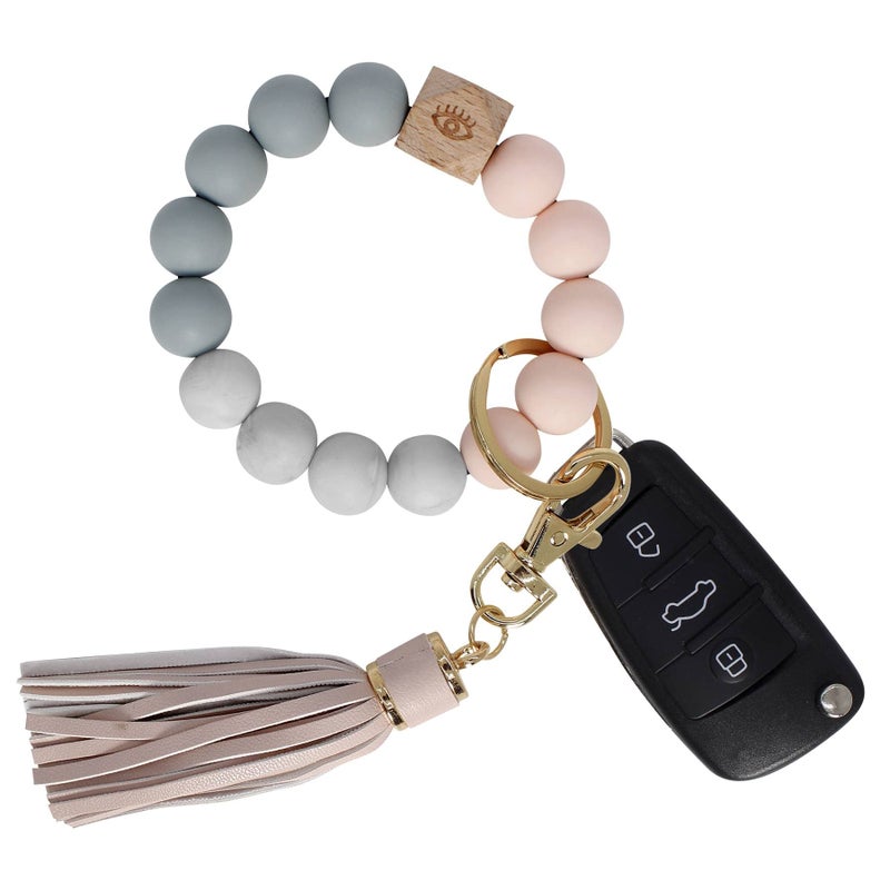 BIHRTC Silicone Bracelet Key Ring Bracelet Wristlet Beaded Bangle Wristlet Keychain with Leather Tassel for Women Car Keys Ring Holder - Image 1