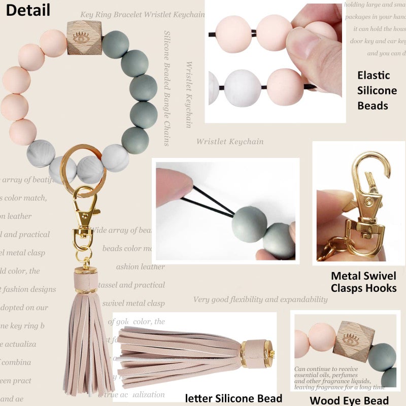 BIHRTC Silicone Bracelet Key Ring Bracelet Wristlet Beaded Bangle Wristlet Keychain with Leather Tassel for Women Car Keys Ring Holder - Image 3