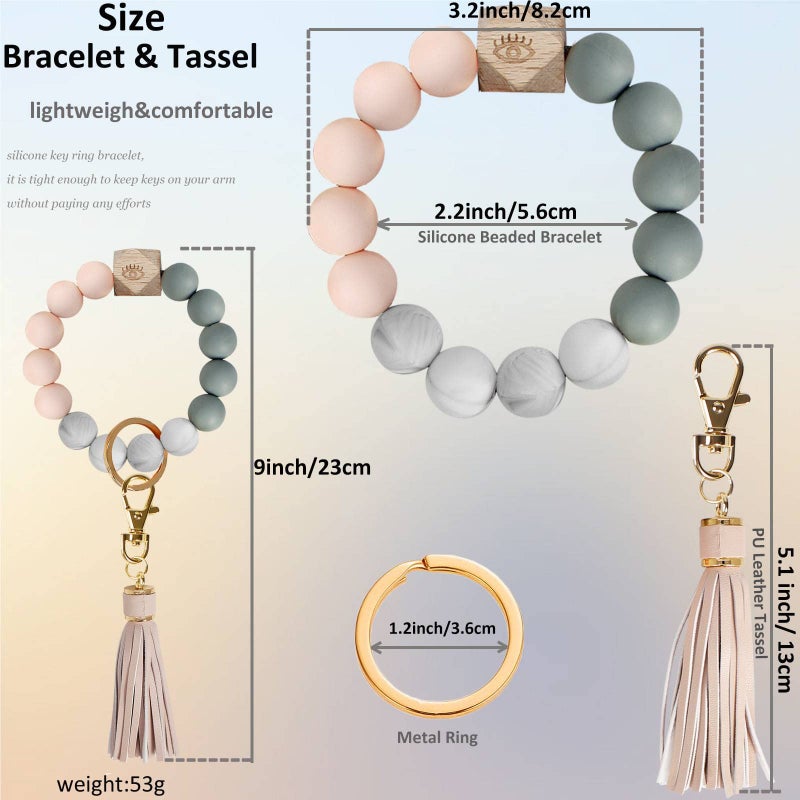 BIHRTC Silicone Bracelet Key Ring Bracelet Wristlet Beaded Bangle Wristlet Keychain with Leather Tassel for Women Car Keys Ring Holder - Image 2