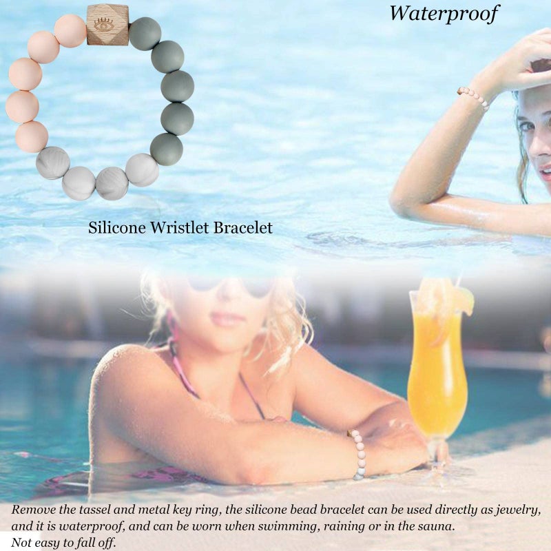 BIHRTC Silicone Bracelet Key Ring Bracelet Wristlet Beaded Bangle Wristlet Keychain with Leather Tassel for Women Car Keys Ring Holder - Image 5