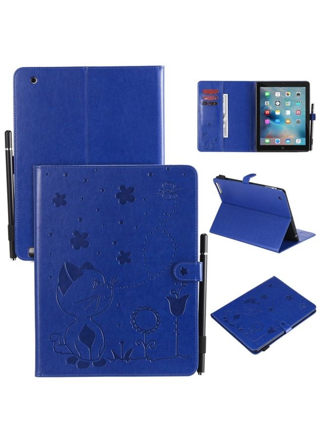 HuHa - Case Cover For iPad 4 / 3 / 2 Cat Bee Embossing Pattern Horizontal Flip Leather Case with Holder & Card Slots & Wallet & Pen Slot & Wake-up / Sleep Function Blue - Image 1