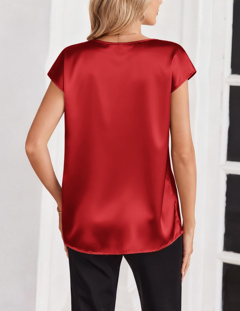 Zeagoo Womens Red Blouses Casual V Neck Short Sleeve Tops Elegant Satin Silk Shirts Summer Professional Outfits - Image 4