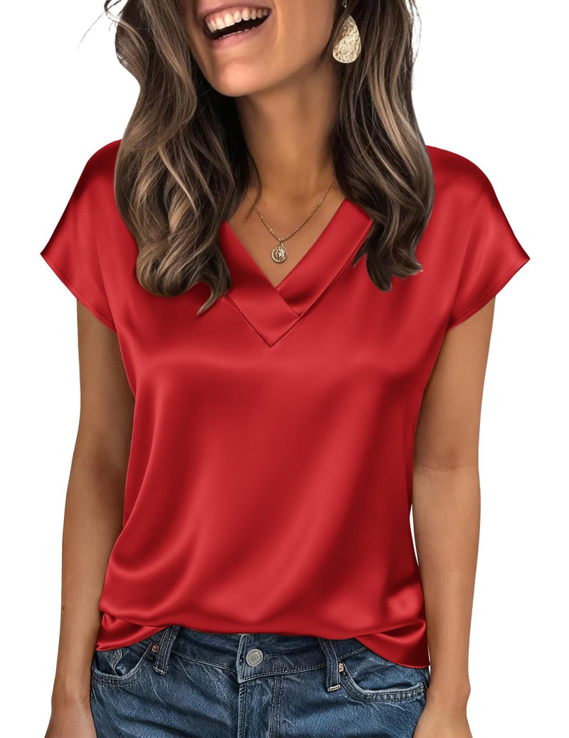 Zeagoo Womens Red Blouses Casual V Neck Short Sleeve Tops Elegant Satin Silk Shirts Summer Professional Outfits - Image 1