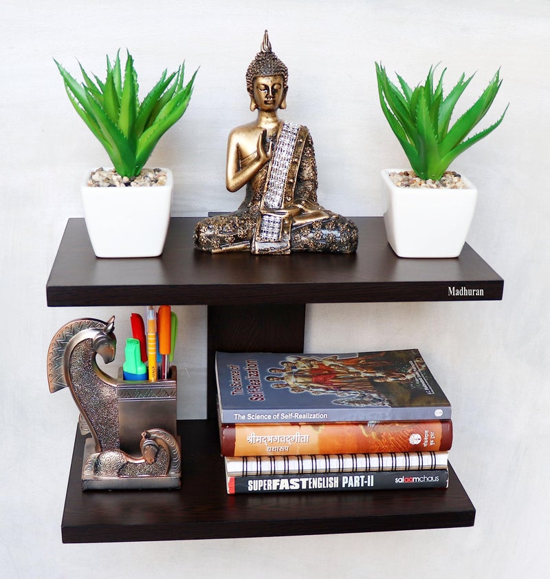 Madhuran Wooden Home Decoration Wall Mounted Display Rack Shelf Stand Tier 2 (Flowery Wenge) / Living Room Bedroom Home Kitchen Storage Furniture - Image 1