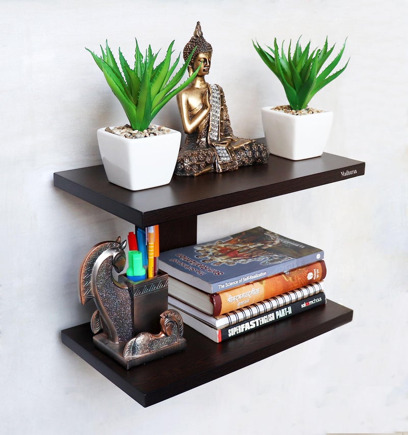 Madhuran Wooden Home Decoration Wall Mounted Display Rack Shelf Stand Tier 2 (Flowery Wenge) / Living Room Bedroom Home Kitchen Storage Furniture - Image 2
