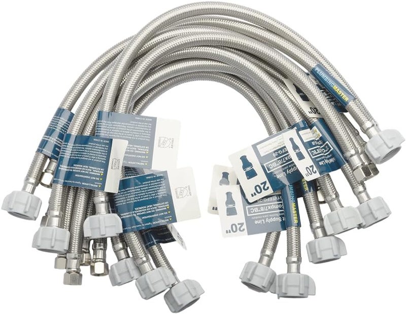 PLUMBINGMASTER (12pcs 20 inch) Toilet Water Supply Line,3/8" Comp x 7/8" BC Braided Stainless Steel Toilet Supply Line,Toilet Connector Hose with Anti-Leaking Brass Nut - Image 1