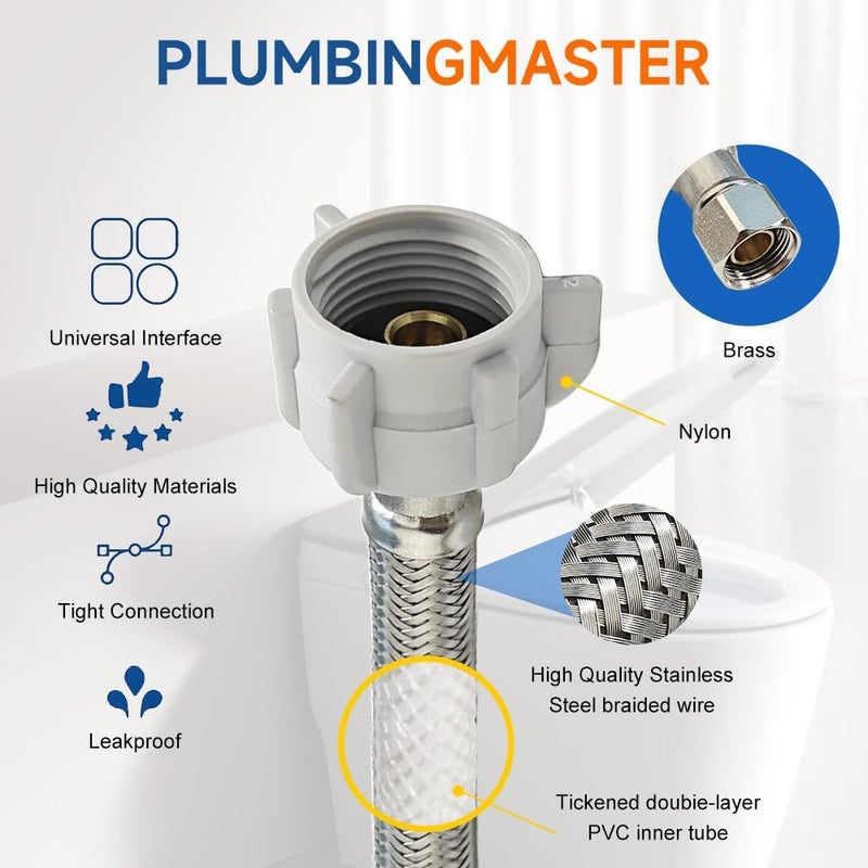 PLUMBINGMASTER (12pcs 20 inch) Toilet Water Supply Line,3/8" Comp x 7/8" BC Braided Stainless Steel Toilet Supply Line,Toilet Connector Hose with Anti-Leaking Brass Nut - Image 4