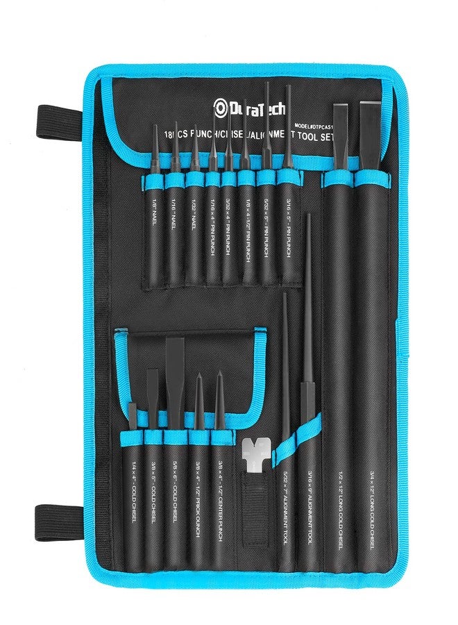 DURATECH 18 Piece Punch/Chisel/Alignment Tool Set, Including Pin Punch, Center Punch, Nail punch, Alignment Tool, Cold Chisel, Chisel Gauge, for Removing Repair Tool, with Rolling Pouch - Image 1