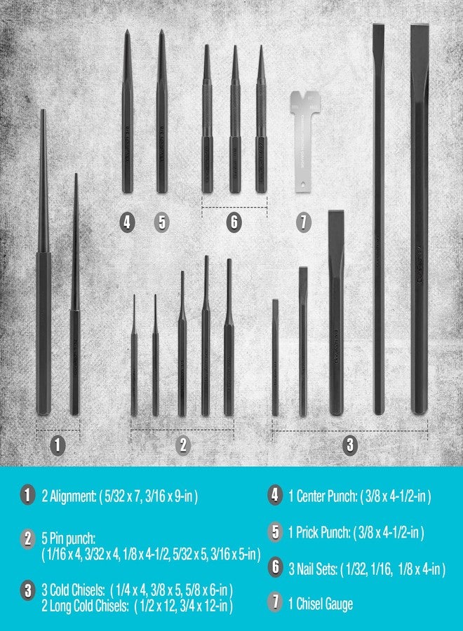 DURATECH 18 Piece Punch/Chisel/Alignment Tool Set, Including Pin Punch, Center Punch, Nail punch, Alignment Tool, Cold Chisel, Chisel Gauge, for Removing Repair Tool, with Rolling Pouch - Image 2