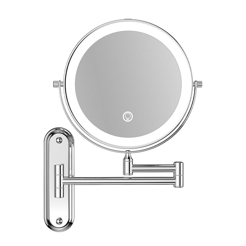 led Makeup Mirror with Light Wall Mounted Telescopic Folding Bathroom Dressing Mirror Double-Sided Rotating Household Bathroom Mirror Silver