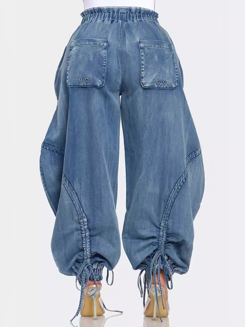 Rope Tick Tight Waist Drawstring Lace-up Foot Bow Loose Slim Look Jeans Women's Casual Trousers - Image 5