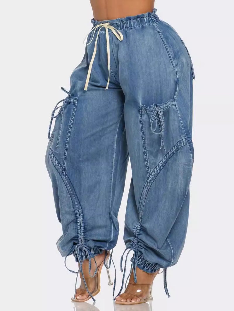 Rope Tick Tight Waist Drawstring Lace-up Foot Bow Loose Slim Look Jeans Women's Casual Trousers - Image 4