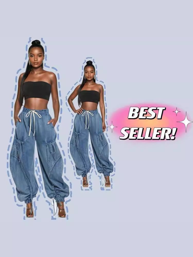 Rope Tick Tight Waist Drawstring Lace-up Foot Bow Loose Slim Look Jeans Women's Casual Trousers - Image 2