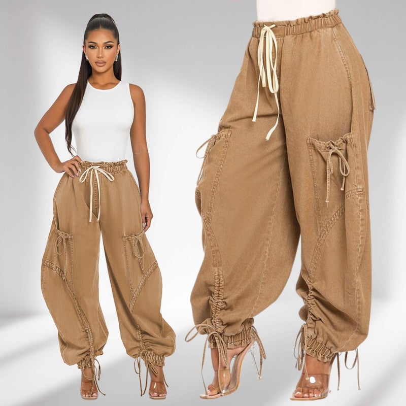 Rope Tick Tight Waist Drawstring Lace-up Foot Bow Loose Slim Look Jeans Women's Casual Trousers - Image 1