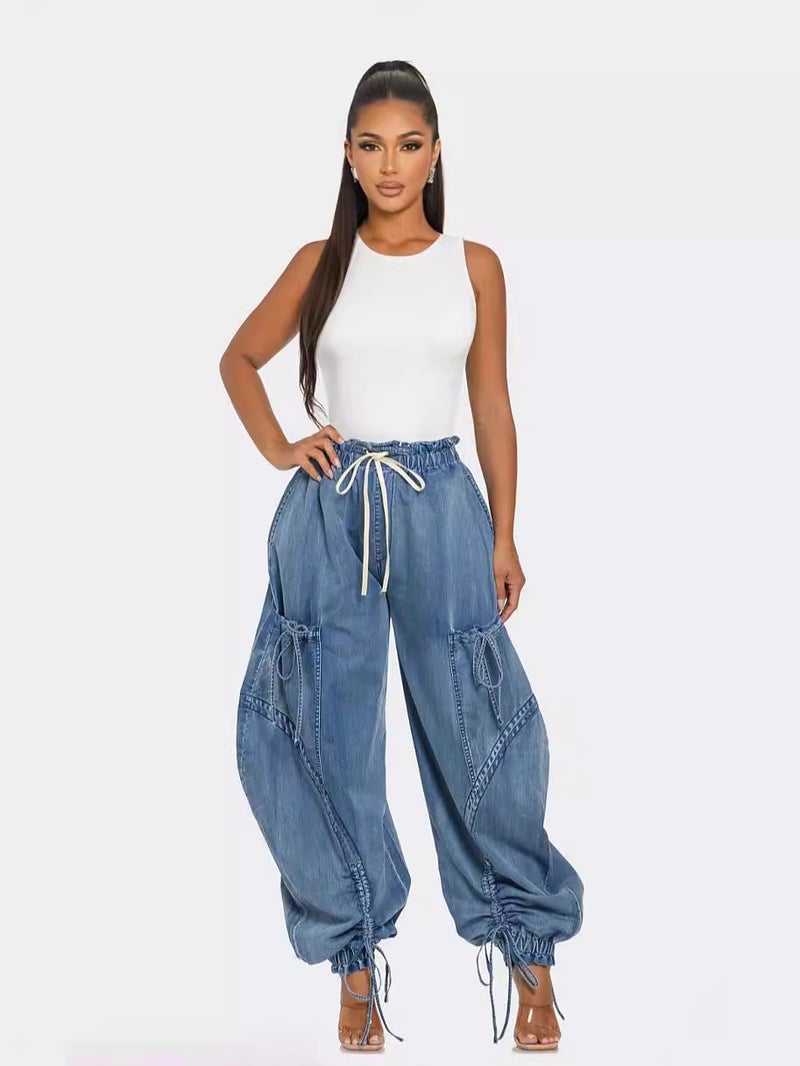 Rope Tick Tight Waist Drawstring Lace-up Foot Bow Loose Slim Look Jeans Women's Casual Trousers - Image 3