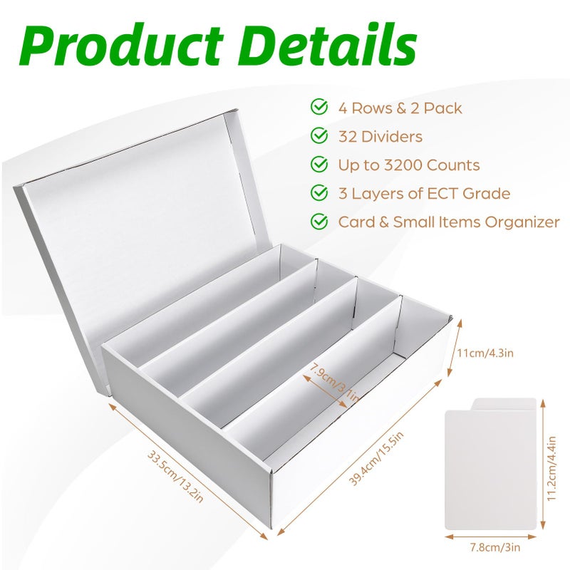 Calenzana 3200-Count Trading Cardboard Card Storage Boxes 2 Pack, 4 Row White Card Box with 32 Dividers, Baseball, MTG, TCG Card Organizer - Image 2
