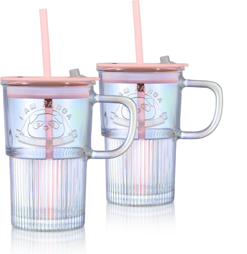 CLVJ 430ml Set of 2 Iridescent Glass Tumbler with Lid Handle and StrawEmbossed Iced Coffee Cup with Cute Panda PatternStriped Colored Smoothie Glasses MugRomantic Juice Beverages Drinking Jar - Image 1