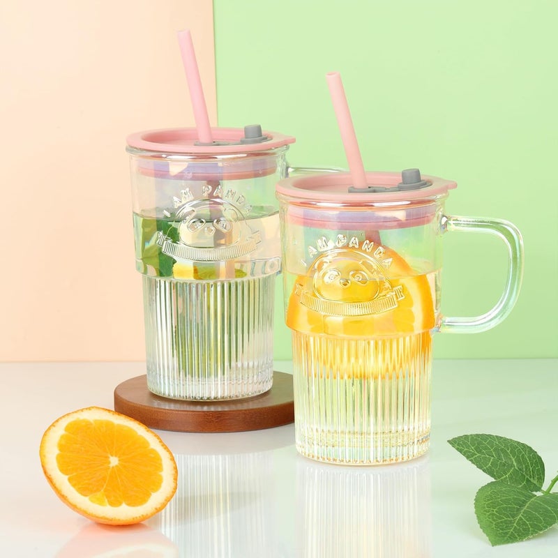 CLVJ 430ml Set of 2 Iridescent Glass Tumbler with Lid Handle and StrawEmbossed Iced Coffee Cup with Cute Panda PatternStriped Colored Smoothie Glasses MugRomantic Juice Beverages Drinking Jar - Image 5
