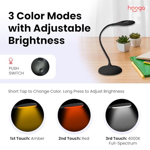 hooga Desk Lamp, Blue Light Blocking, 3 Modes: Amber 1600K, Red, Full-Spectrum 4000K, Dimmable, Rechargeable, Eye Strain Relief, Circadian Friendly - Image 2