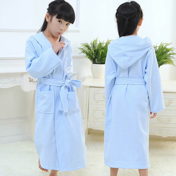 Generic Cotton Kids Waffle Bathrobe Cartoon Hooded Summer Blue 