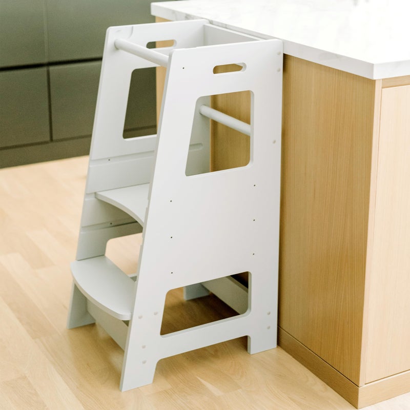 KidzWerks KidzWerks Child Standing Tower Kids Kitchen Step Stool Toddler Wood Stepping Stool  Childrens Montessori Stool  Adjustable Platform Gray