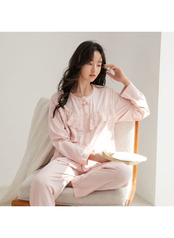 FENTENGCARE Fenteng Kean Cotton Anti-static Autumn Lace Round Neck Cardigan Long Sleeve Wearable Homewear Set Pajamas - Image 1