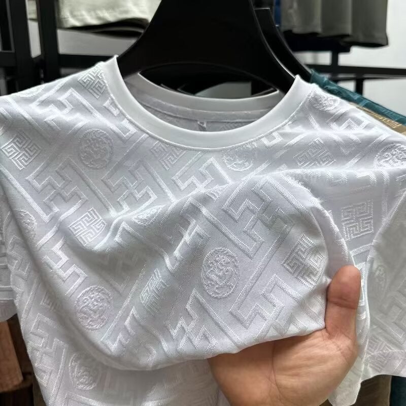 Thin Jacquard Half-Sleeved Top Ice Silk Summer Short-Sleeved T-Shirt Middle-Aged Men'S New Breathable Casual Crewneck - Image 5