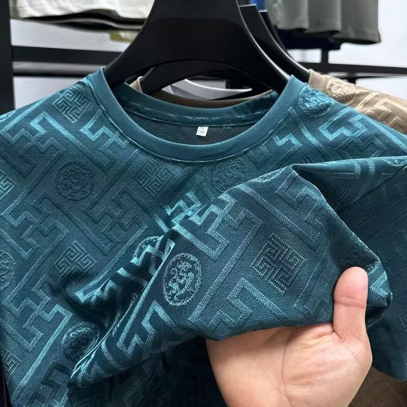 Thin Jacquard Half-Sleeved Top Ice Silk Summer Short-Sleeved T-Shirt Middle-Aged Men'S New Breathable Casual Crewneck - Image 2