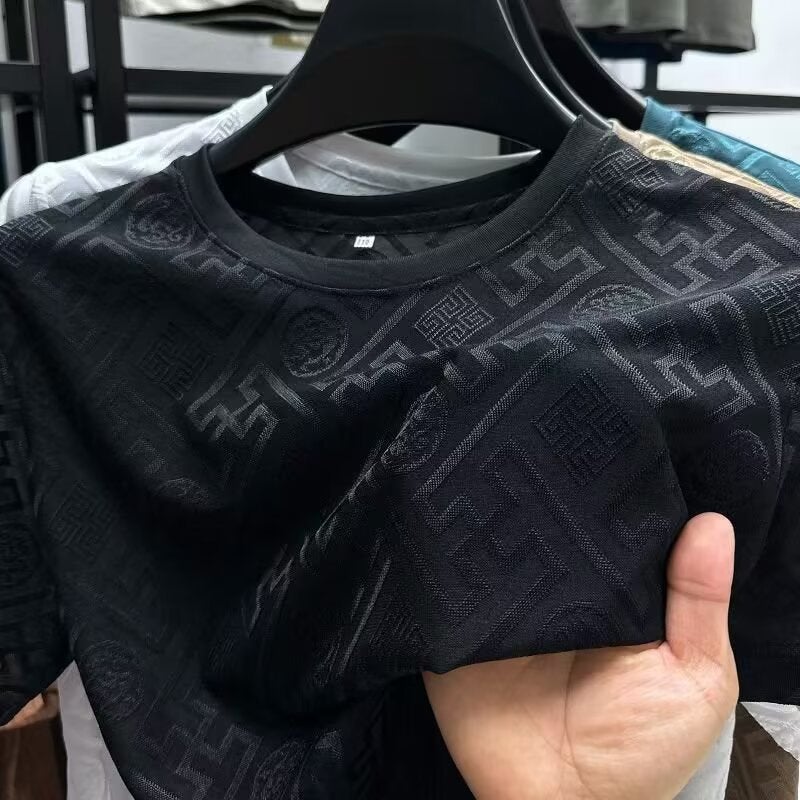 Thin Jacquard Half-Sleeved Top Ice Silk Summer Short-Sleeved T-Shirt Middle-Aged Men'S New Breathable Casual Crewneck - Image 4