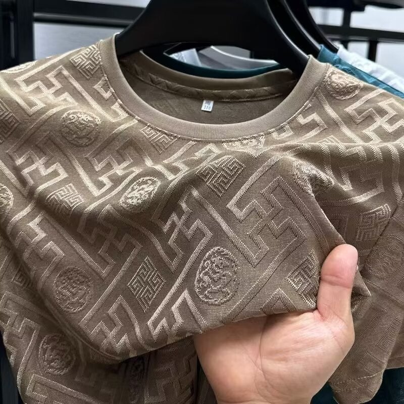 Thin Jacquard Half-Sleeved Top Ice Silk Summer Short-Sleeved T-Shirt Middle-Aged Men'S New Breathable Casual Crewneck - Image 3
