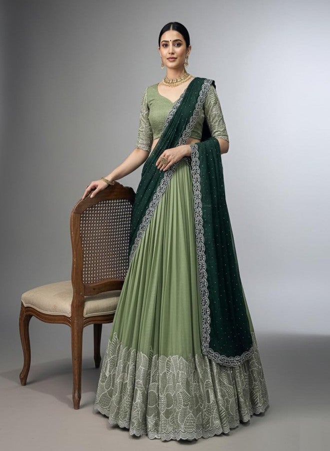 Aika Creation Women's Chiffon Embroidered Semi-Stitched Lehenga Choli Panvel LH Pista-ABC - Image 1