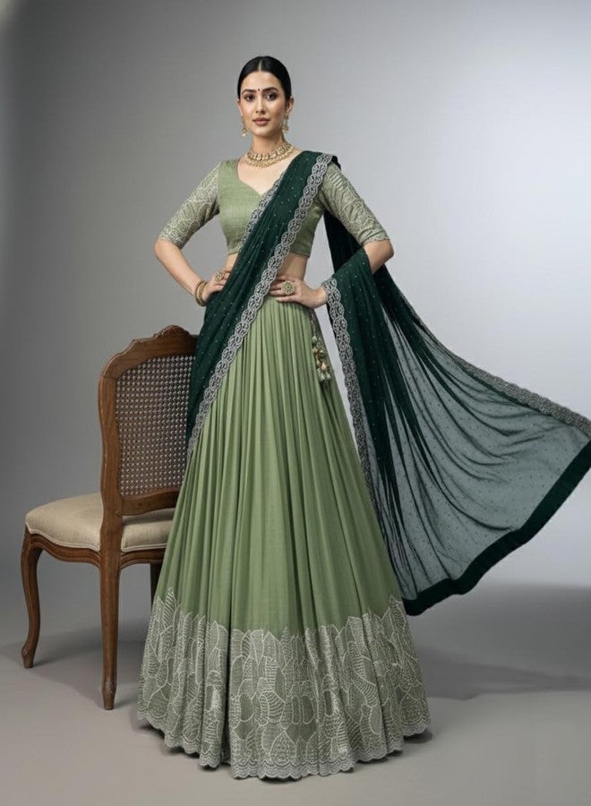 Aika Creation Women's Chiffon Embroidered Semi-Stitched Lehenga Choli Panvel LH Pista-ABC - Image 3