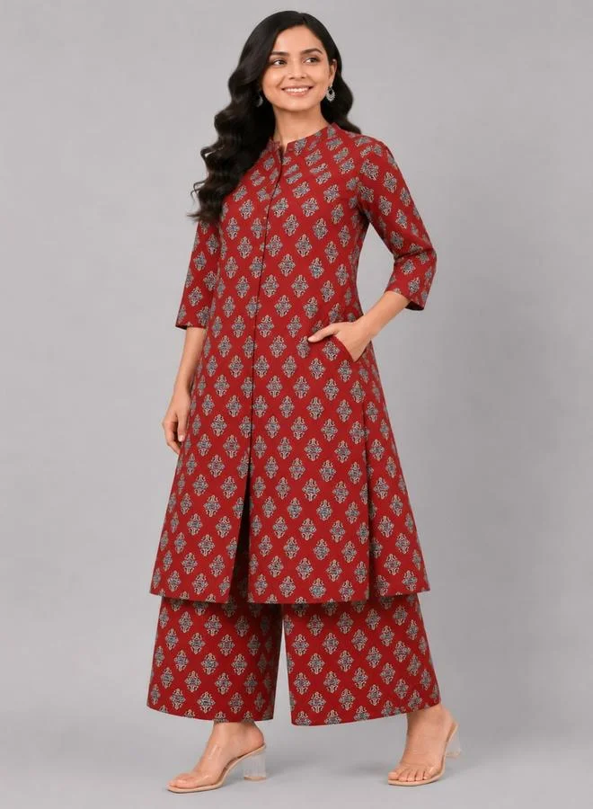 House Of Raeli Maroon All Over Print 3/4 Sleeves Longline Top and Pants Ethnic Co-Ord Set