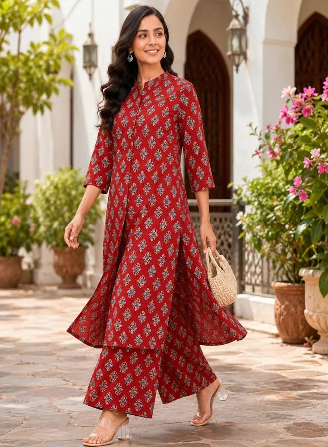 House Of Raeli Maroon All Over Print 3/4 Sleeves Longline Top and Pants Ethnic Co-Ord Set