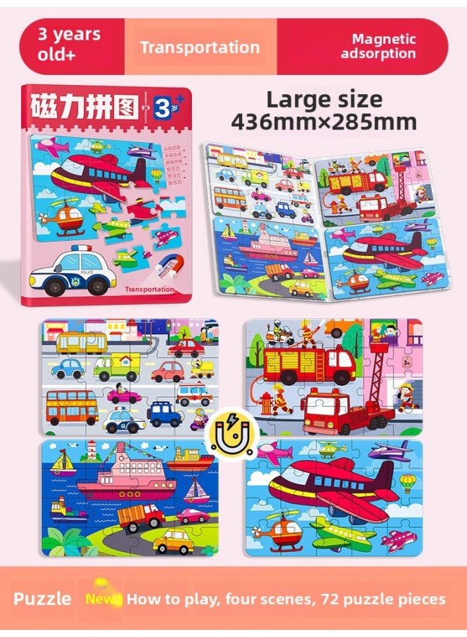 Children 2-5 Years Old Puzzle Magnetic Puzzle Baby Enlightenment Concentration Training Small Toy Puzzle Book Dinosaur Puzzle-Color:Magnetic Puzzle 3 + 【Transportation】】 - Image 1
